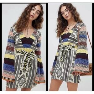 NWT Free People Bell Sleeve V Neck Patchwork Knit Sweater Dress Multi Aztec S